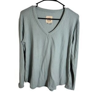 Chaser Women's Blue Ribbed V‎ Neck Long Sleeve Casual Top Size S